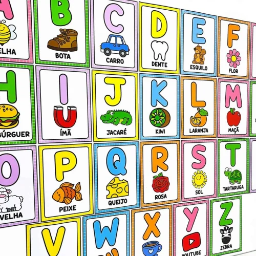 Alfabeto ilustrado com animais, objetos e cores para crianças.