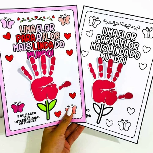 Cartaz comemorativo do Dia da Mulher com flor feita de mão e mensagens de valorização.
