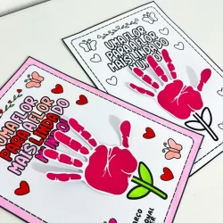 Atividade para o Dia da Mulher com mãos pintadas e mensagens de empoderamento feminino.