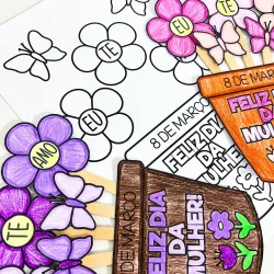 Arte educativa para o Dia da Mulher com flores e mensagens de amor e respeito.