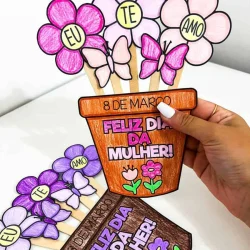 Vaso de flores com mensagens de amor e gratidão para o Dia da Mulher.