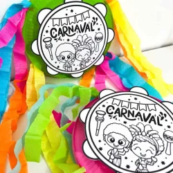 Decoração de Carnaval com pandeiro e serpentinas coloridas.