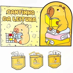 Ilustração de capivaras lendo livros em ambiente de leitura infantil.