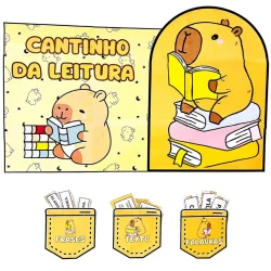 Ilustração de capivara lendo livros, tema de leitura infantil.