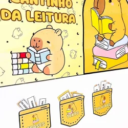 Ilustração de capivaras lendo livros no Cantinho da Leitura.