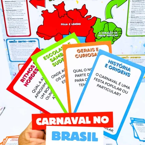 Painel interativo sobre o Carnaval no Brasil com mapas e perguntas educativas.