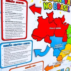 Mapa do Brasil destacando regiões do Carnaval com cores vibrantes.
