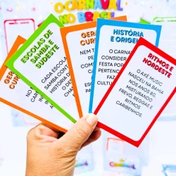 Cartões coloridos com informações sobre Carnaval no Brasil.