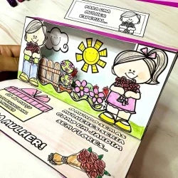Cartão 3D para o Dia da Mulher com desenhos de flores e crianças.