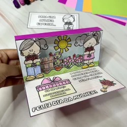 Cartão 3D para o Dia da Mulher com desenhos coloridos e mensagem especial.