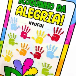 Arte de bloco de carnaval com mãos coloridas e máscara divertida.