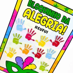 Cartaz com mãos coloridas e máscara de carnaval para atividade escolar.