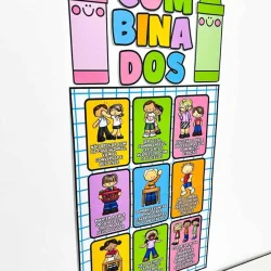 Cartaz educativo com atividades e regras para crianças na sala de aula.