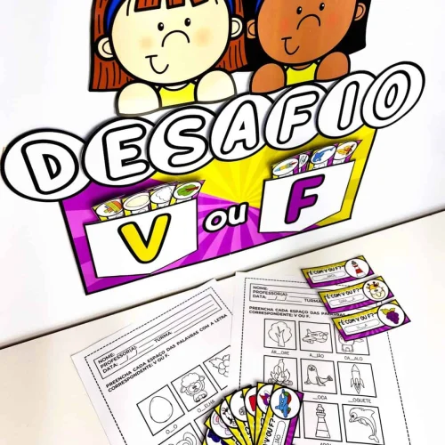 Atividade educativa com crianças, desafio V ou F, aprendizagem divertida.