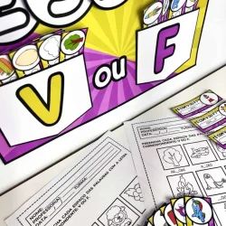 Atividade de perguntas V ou F para crianças com cartas coloridas.