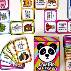 Jogo de dominó com frases educativas e imagens coloridas para crianças.