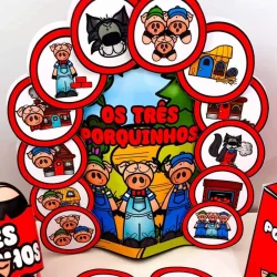 Imagem do livro infantil Os Três Porquinhos com personagens e cenas.