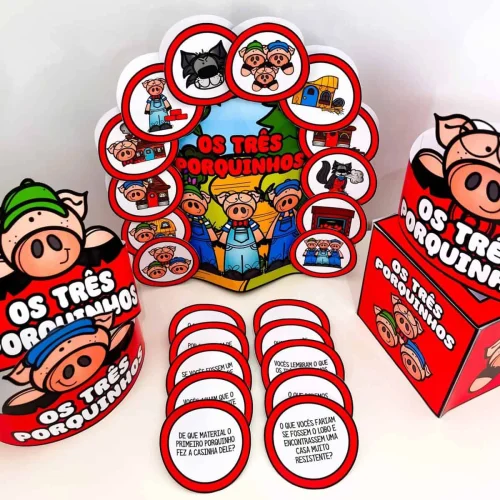 Material educativo com personagens dos Três Porquinhos para crianças.