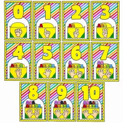 Numerais de parede de 0 a 10 com giz de cera e mãos ilustradas.