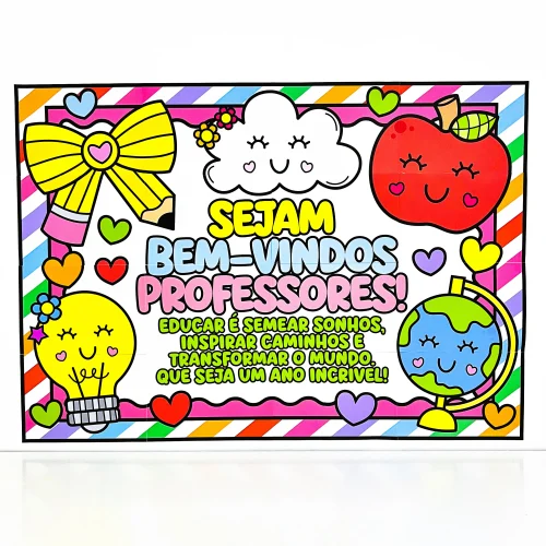 Painel colorido com desenhos de nuvem, maçã, lâmpada e globos, bem-vindo professores.