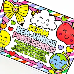 Painel colorido com nuvem, planeta, coração e laço para professores.