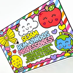 Painel colorido de boas-vindas com desenhos de nuvem, maçã, globo e elementos divertidos.