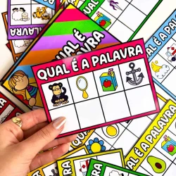 Jogo de cartas com perguntas sobre palavras e imagens educativas.