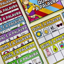 Jogo educativo com cartas de perguntas sobre palavras e imagens.