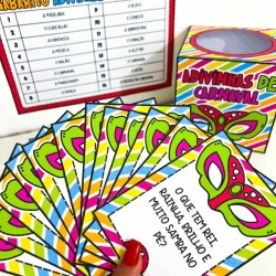 Cartas de adivinhas de Carnaval com cores vibrantes e tema festivo.