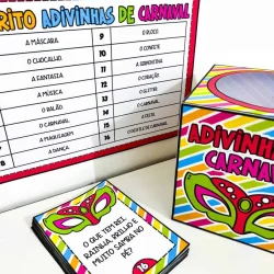 Jogo de adivinhas de Carnaval com máscara colorida e caixa.