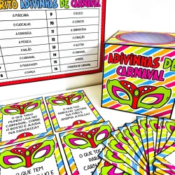 Adivinhas de Carnaval com máscara colorida e tema festivo para atividades educativas.