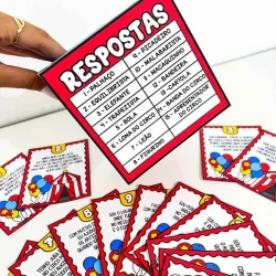 Cartaz de respostas do circo com adivinhas e respostas.