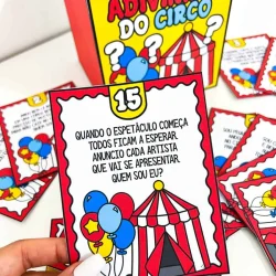 Cartas de adivinhas do circo para crianças, tema circense colorido e divertido.