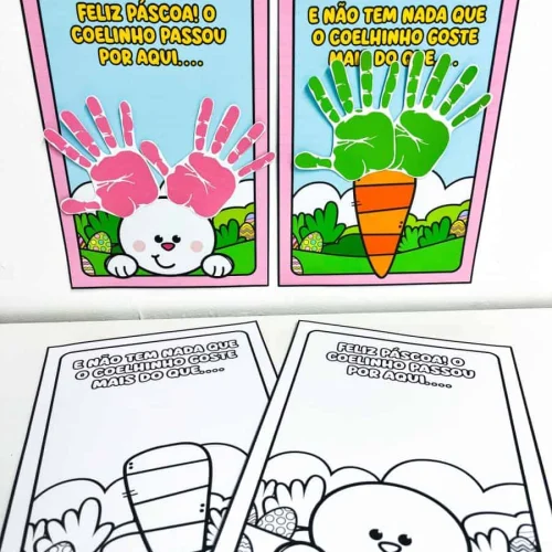 Atividade de Páscoa com desenhos de coelhinhos e cenouras para colorir.