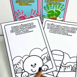 Atividade de Páscoa com desenhos de coelhinhos e mãos pintadas.