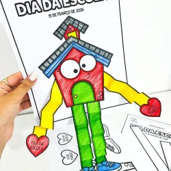 Atividade escolar com personagem de casa colorida para o Dia da Escola.