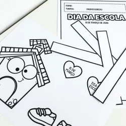 Atividades escolares com desenhos e materiais para o Dia da Escola.
