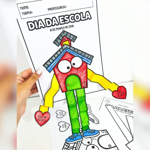 Atividade escolar com personagem de desenho animado para o Dia da Escola.