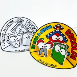 Adesivos coloridos para atividades do Dia da Escola com tema de mãos e escola.