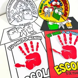 Atividades do Dia da Escola com desenhos de mão e personagens infantis.