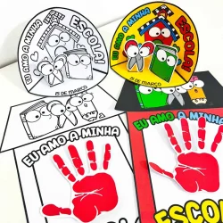 Atividades escolares para o Dia da Escola com desenhos de mão e cenário colorido.