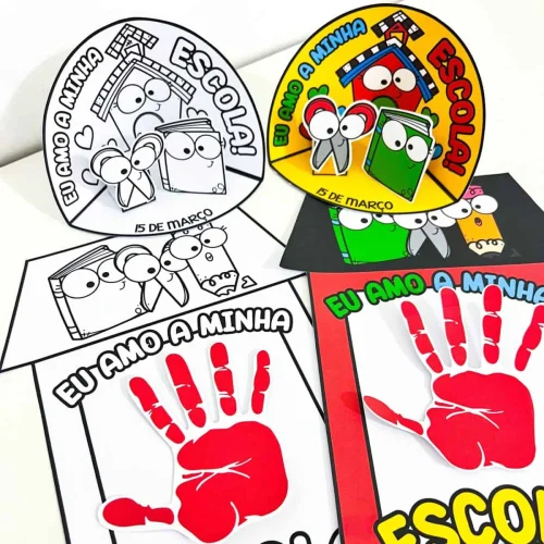 Atividades escolares para o Dia da Escola com desenhos de mão e cenário colorido.