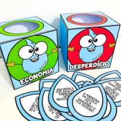 Brinquedos educativos sobre economia e desperdício de água para crianças.