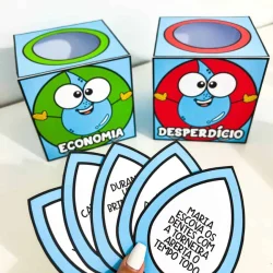 Caixas educativas sobre economia e desperdício de água com personagens divertidos.