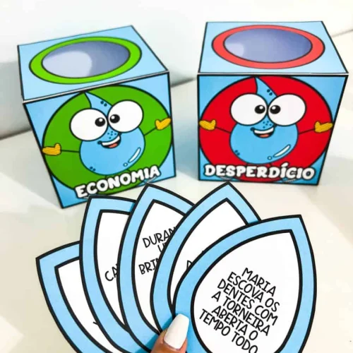 Caixas educativas sobre economia e desperdício de água com personagens divertidos.