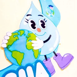 Gota de água com Terra e Água, personagem educativa sobre água e meio ambiente.