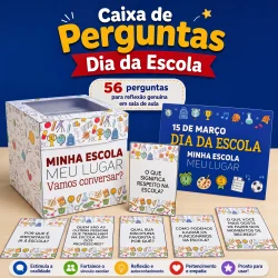 Caixa de perguntas para o Dia da Escola com temas educativos e interativos.