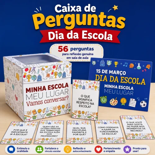 Caixa de perguntas para o Dia da Escola com temas educativos e interativos.