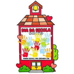 Cartaz colorido do Dia da Escola com mãos pintadas e coração.