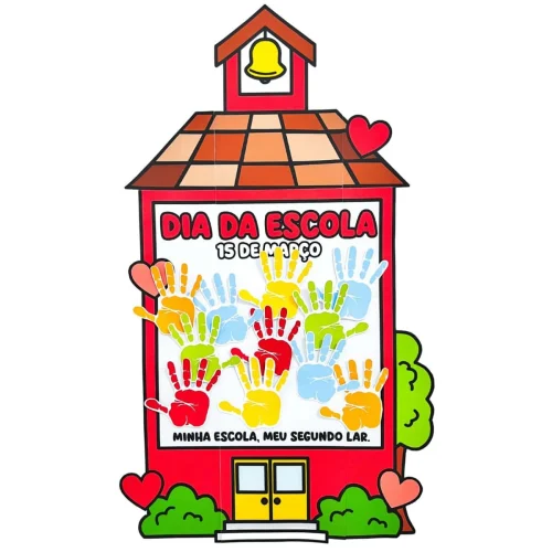 Cartaz colorido do Dia da Escola com mãos pintadas e coração.
